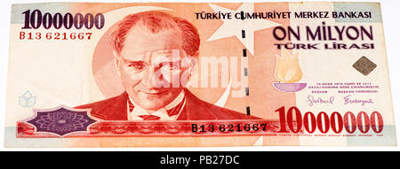 10000000 Turkish liras bank note. Turkish lira is the national currency ...
