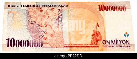 10000000 Turkish liras bank note. Turkish lira is the national currency ...