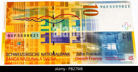 VELIKIE LUKI, RUSSIA - JULY 30, 2015: 10 Suisse francs bank note. Suisse franc is the national currency of Switzerland Stock Photo