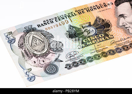 5 lempiras bank note. Lempira is the national currency of Honduras Stock Photo