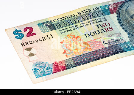 2 Barbadian dollar bank note. Barbadian dollars in the national currency of Barbados Stock Photo