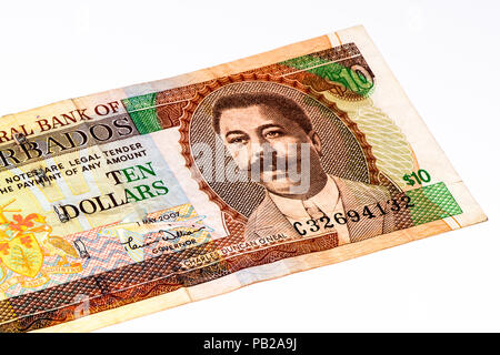 10 Barbadian dollar bank note. Barbadian dollars in the national currency of Barbados Stock Photo