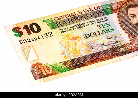 10 Barbadian dollar bank note. Barbadian dollars in the national currency of Barbados Stock Photo