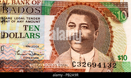 10 Barbadian dollar bank note. Barbadian dollars in the national currency of Barbados Stock Photo