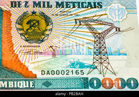 10000 Mozambican escudos bank note. Mozambican escudo is former currency of Mozambique Stock Photo