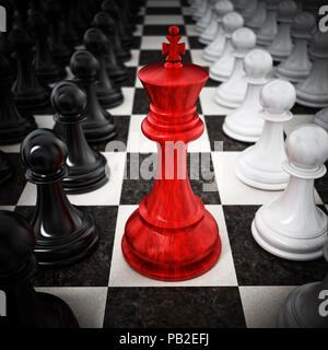 Red chess king standing between white and black pawns. 3D illustration. Stock Photo