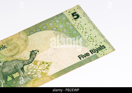 5 Qatari riyal bank note. Riyal is the national currency of Qatar Stock Photo