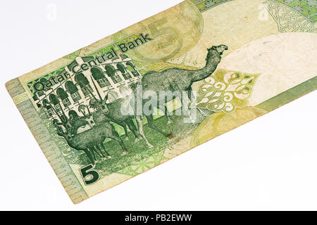 5 Qatari riyal bank note. Riyal is the national currency of Qatar Stock Photo