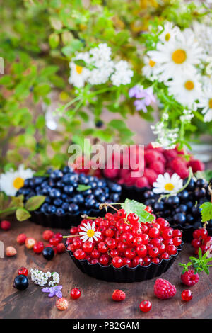 Fresh ripe summer berries - red currant in the foreground and black currant, blueberry, raspberry on background Stock Photo