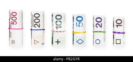 Rolled with a rubber polish zloty banknotes isolated on white background with clipping path Stock Photo