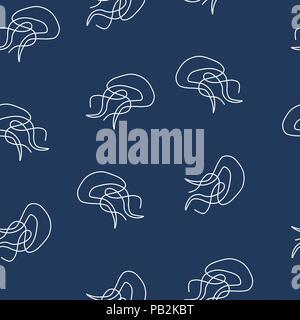 Jellyfish animal pattern seamless. Vector illustration. Dark blue background. Stock Vector