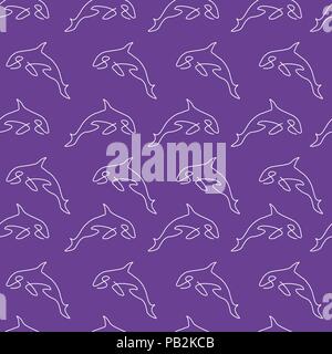 Killer whale animal pattern seamless. Vector illustration. Purple background. Stock Vector