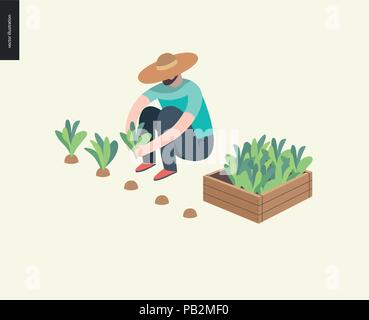 Harvesting people, fall -flat vector concept illustration of a man wearing straw hat sitting on the ground in the squatting position gathering in ripe Stock Vector