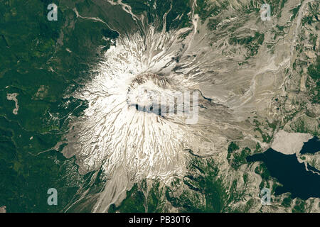 NASA satellite image of Mount St Helens mountain volcano, Cascade Range, Skamania County, Washington state, Pacific Northwest USA showing Stock Photo