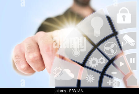 close-up of man using translucent smart home interface Stock Photo