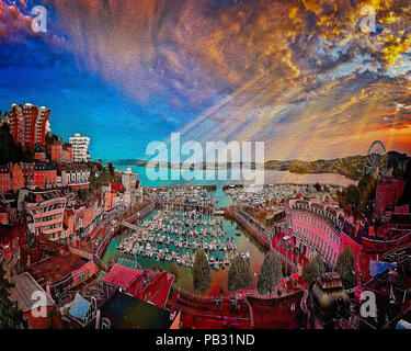 DIGITAL ART: Torquay harbour & town at sunset, Devonshire, Great Britain Stock Photo