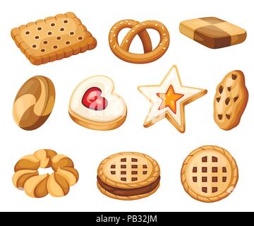 Cookie and biscuit icon collection. Colorful flat vector cookies set. Circle, star, sandwich, different shape. Vector illustration isolated on white b Stock Vector