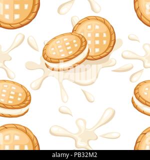 Seamless pattern. Sandwich cookies. Milk cookies with vanilla cream flow. Cracker drop in milk splash. Food and sweets, baking and cooking theme. Flat Stock Vector