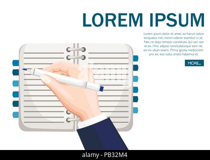 Hand write text. Notebook with bookmarks. Notepad mockup with blue text template. Flat vector illustration with place for text. Concept design for web Stock Vector