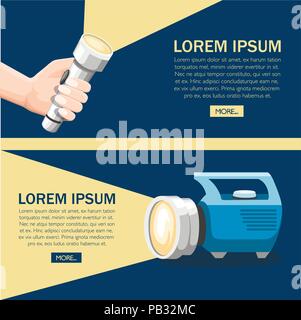 Big blue shining flashlight. Hand hold white flashlight. Tourist or special flashlight with handle. Flat vector illustration with place for text. Conc Stock Vector