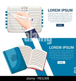 Hand write text. Notebook with bookmarks. Notepad mockup with blue text template. Flat vector illustration with place for text. Concept design for web Stock Vector