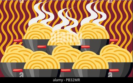 Bowl with ramen noodles. Korean, Japanese, Chinese food. Black bowl with red handle. Big group of bowls with noodles. Flat vector illustration on text Stock Vector