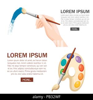 Hand holding paintbrush. Brush painting on white. Blue paint. Vector flat illustration on white background. Concept design for website or advertising. Stock Vector