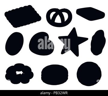 Black silhouette. Cookie and biscuit icon collection. Colorful flat vector cookies set. Circle, star, sandwich, different shape. Vector illustration i Stock Vector