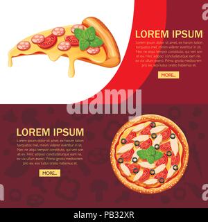 Slice of pizza and pizza. Flat style design. Concept for menu of pizzeria, cafe, restaurant. Website design and advertising. Vector illustration on te Stock Vector