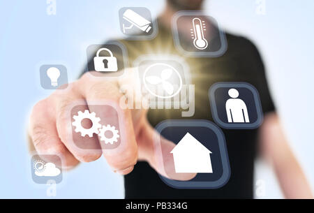 close-up of man using translucent smart home interface Stock Photo