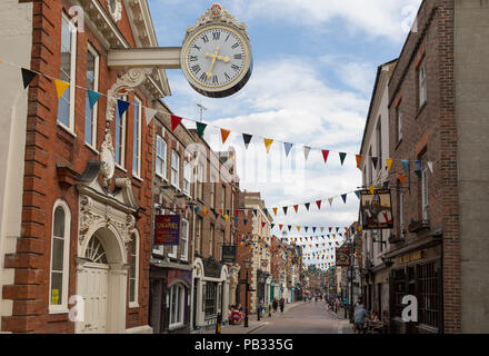 The 18th century historic Sir Cloudesley Shovell Corn Exchange clock (1771) in Rochester High Street, on 22nd July, in Rochester, England. The historic timepiece, a gift from Sir Cloudesley who was MP for Rochester from 1695 to 1701, has recently been restored at a cost of £40,000 after centuries of wear and tear took its toll and much of the clock had to be dismantled for safety reasons. Stock Photo