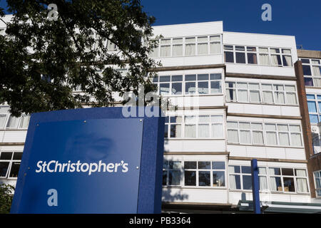 The exterior of St. Christopher's Hospice in Sydenham, on 23rd July 2018, in London, England. St. Christopher's Hospice was established in 1967 by Cicely Saunders, whose work is considered the basis of modern hospice philosophy. In the UK, the hospice movement has grown dramatically in the United Kingdom since Dame Cicely opened St Christopher's in 1967, widely considered the first modern hospice. According to the UK's Help the Hospices, in 2011 UK hospice services consisted of 220 inpatient units for adults with 3,175 beds, 42 inpatient units. Stock Photo