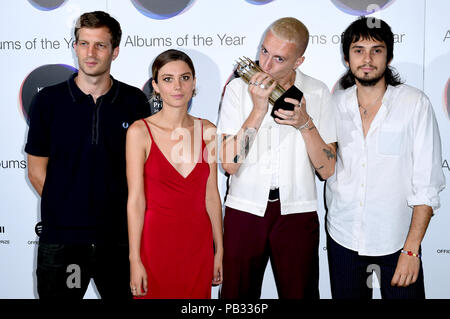 Album of the Year nominees Wolf Alice (from left to right, Joff Oddie, Ellie Rowsell, Theo Ellis and Joel Amey) attending the 2018 Hyundai Mercury Prize Albums of the Year Nominations Launch held at The Ballroom, Langham Hotel, London. Stock Photo