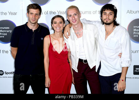 Album of the Year nominees Wolf Alice (from left to right, Joff Oddie, Ellie Rowsell, Theo Ellis and Joel Amey) attending the 2018 Hyundai Mercury Prize Albums of the Year Nominations Launch held at The Ballroom, Langham Hotel, London. Stock Photo