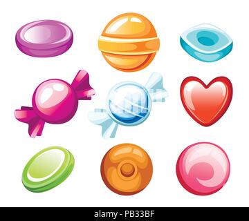 Candies set. Nine different cartoon style candies. Wrapped and not. Cute glossy sweets. Flat colorful tasty icons. Vector illustration isolated on whi Stock Vector