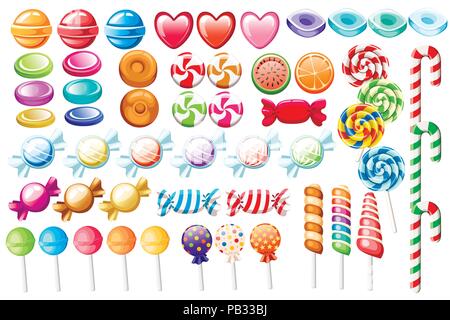 Candies set. Big collection of different cartoon style candies. Wrapped and not lollipops, cane, sweetmeats. Cute glossy sweets. Flat colorful icons.  Stock Vector