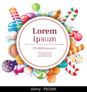 Candies pattern. Round card design. Concept for card and advertising. Wrapped and not lollipops, cane, sweetmeats. Cute glossy sweets. Vector illustra Stock Vector