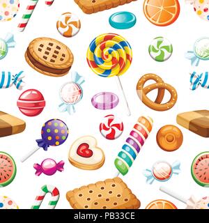 Seamless pattern. Big collection of different cartoon style candies and cookies. Wrapped and not lollipops, cane. Cute glossy sweets. Flat colorful ic Stock Vector