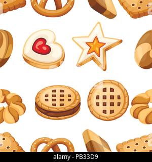 Seamless pattern. Cookie and biscuit icon collection. Colorful flat vector cookies set. Circle, star, sandwich, different shape. Vector illustration i Stock Vector