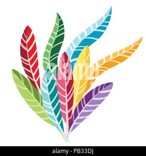 Group of colored bright feathers. Flat vector illustration isolated on white background. Stock Vector