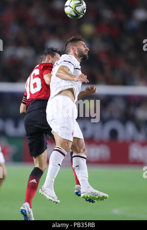July 25, 2018: Manchester United defender Matteo Darmian (36) and Milan forward Fabio Borini (11) battle for a header in the game between the AC Milan and Manchester United, International Champions Cup, StubHub Center, Carson, CA. USA. Photographer: Peter Joneleit Stock Photo