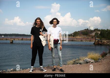 Helsinki, Finland. 24th July, 2018. Models posing outside during Helsinki Fashion Week - July 24, 2018 - Credit: Runway Manhattan | usage worldwide/dpa/Alamy Live News Stock Photo