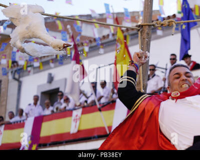 Carpio Tajo, Toledo, Spain. 25th July, 2018. A rider on horseback seen holding the head of a dead goose during the festival.The St. James Festival in the village of El Carpio de Tajo near Toledo, Spain. The event involves horsemen galloping towards geese suspended by their feet as the mounted participant yanks on the bird's neck until it is torn off. Credit: Manu Reino/SOPA Images/ZUMA Wire/Alamy Live News Stock Photo