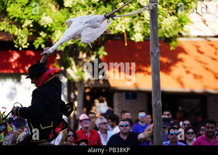 Carpio Tajo, Toledo, Spain. 25th July, 2018. A rider on horseback seen holding the head of a dead goose during the festival.The St. James Festival in the village of El Carpio de Tajo near Toledo, Spain. The event involves horsemen galloping towards geese suspended by their feet as the mounted participant yanks on the bird's neck until it is torn off. Credit: Manu Reino/SOPA Images/ZUMA Wire/Alamy Live News Stock Photo