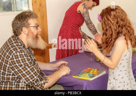 Brentwood, Essex, UK. 26th July 2018 Brentwood Children’s literary festival presented a workshop by A F Harrold, poet, writer and performance artist.  Author of Greta Zargo and the Death Robots from Outer Space and Greta Zargo and the Amoeba Monsters from the Middle of the Earth.credit Ian Davidson/alamy Live News Stock Photo
