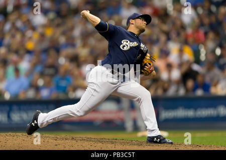 Milwaukee, WI, USA. 24th July, 2018. Milwaukee Brewers starting pitcher Corbin Burnes #39 delivers a pitch during the Major League Baseball game between the Milwaukee Brewers and the Washington Nationals at Miller Park in Milwaukee, WI. John Fisher/CSM/Alamy Live News Stock Photo