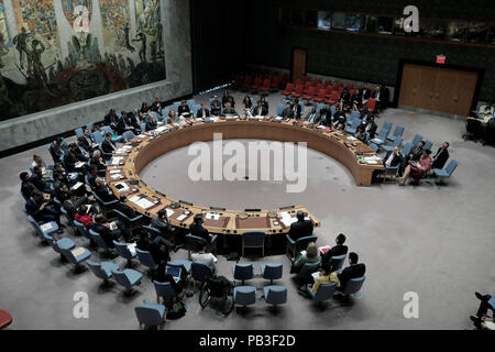 United Nations. 26th July, 2018. Photo taken on July 26, 2018 shows the United Nations Security Council meeting on the situation of Colombia at the UN headquarters in New York. Credit: Li Muzi/Xinhua/Alamy Live News Stock Photo