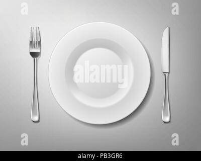 Set of Stainless steel cutlery of fork, knife and plate. realistic cutlery isolated on white background. Vector illustration Stock Vector