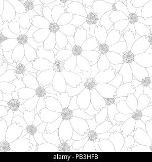 Cosmos Flower Outline Seamless Background. Vector Illustration. Stock Vector