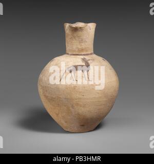 Terracotta jug. Culture: Cypriot. Dimensions: H. 6 13/16 in. (17.3 cm); diameter  2 3/8 in. (6 cm). Date: 850-750 B.C..  Swastikas and a horse at front. Museum: Metropolitan Museum of Art, New York, USA. Stock Photo